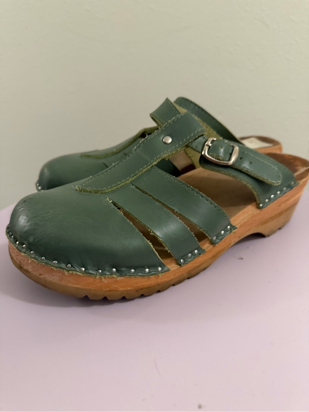 Green Leather Slip-On Clog with Buckle Strap - Picture 6 of 6